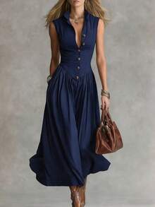 Vestido largo nuevo de primavera para mujer, estilo francés elegante, inspiración de diosa, cuello con solapas, sin mangas, diseño favorecedor y entallado, perfecto para eventos y looks sofisticados - Azul lavado medio - Ver 9