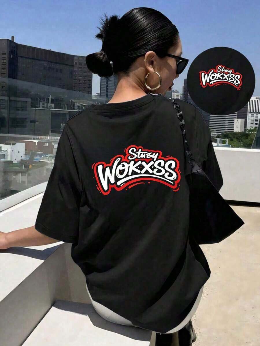 Graphic Print Women's Lightweight Cotton Summer T-Shirt, New Spring/Summer Drop-Shoulder Sleeve T-Shirt, Y2K Style With Simple Patterns, Made Of Knitted Polyester Material, A Casual And Versatile Essential For Home And Travel By Cottno. Oversized Women's Printed T-Shirt, 100% Pure Cotton - 黑色 - 查看 1