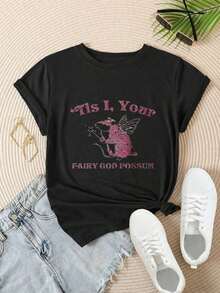 Women's Casual Short Sleeve T-Shirt - "Tis I Your Fairy God Possum" Winged Raccoon Design, Crew Neck, Summer Top, Machine Washable, Ladies' T-Shirts, Casual Wear, Modern Style, Comfortable Fit

-White - 黑色 - 查看 2