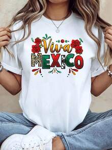 Camiseta de mujer - Camiseta del Día de la Independencia de México para mujer - Presenta un vibrante estampado de "Viva México", con motivos de maraca, sombrero de ala ancha y cactus - Camiseta casual de manga corta y cuello redondo, ligera, adecuada para fiestas del Cinco de Mayo, festivales de música de primavera/verano y atuendos tradicionales mexicanos, trajes festivos, celebraciones navideñas, camiseta estampada de moda, moda urbana, material transpirable, tela elástica, camisa estampada, ideal para asistentes a fiestas y entusiastas de festivales de música. - Blanco - Ver 8
