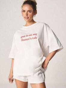 Camiseta Vintage Oversized de Algodón con la Frase "Ponlo en la Cuenta de Mi Novio" |     Ropa para uso diario y de vacaciones, ropa de primavera/verano. Adecuada para primavera, verano y otoño. - Blanco - Ver 1