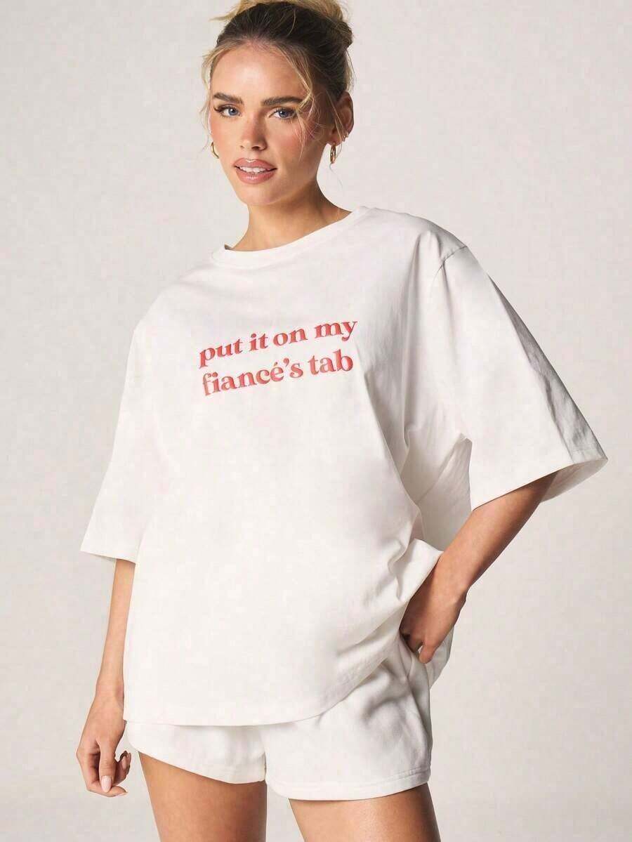 Camiseta Vintage Oversized de Algodón con la Frase "Ponlo en la Cuenta de Mi Novio" |     Ropa para uso diario y de vacaciones, ropa de primavera/verano. Adecuada para primavera, verano y otoño. - Blanco - Ver 1