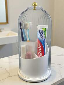Makeup Brush Holder With Lid, 360° Rotating Dust-Proof ABS Storage Box, 3-Compartment Sliding Lid Toothbrush Holder With Non-Slip Base, Multi-Purpose Space-Saving Organizer, Suitable For Makeup Brushes, Toothpaste, Vanity, Bathroom, Home, Dorm, Apartment - Multicolor - View 2