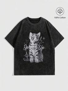 1 pieza Camiseta de manga corta de cuello redondo oversize unisex desgastada y lavada, 100% algodón pesado de 220g, diseñada por artistas Y2K estilo americano vintage, estampado gráfico de nombres de ciudades, ideal para uso diario, conciertos y festivales - Negro - Ver 1