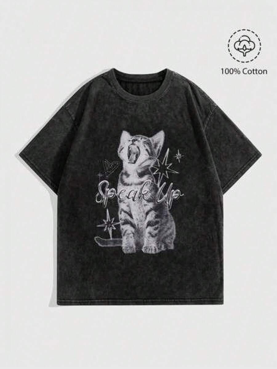 1 pieza Camiseta de manga corta de cuello redondo oversize unisex desgastada y lavada, 100% algodón pesado de 220g, diseñada por artistas Y2K estilo americano vintage, estampado gráfico de nombres de ciudades, ideal para uso diario, conciertos y festivales - Negro - Ver 1