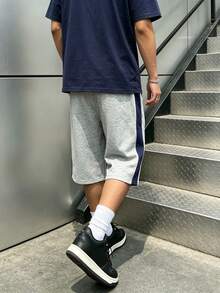 1pc Men's Spring/Summer Side Colorblock Patchwork Wide Leg Cropped Sweatpants Loose Straight Leg Casual Sports Shorts Versatile Daily Wear - Light Grey - View 2