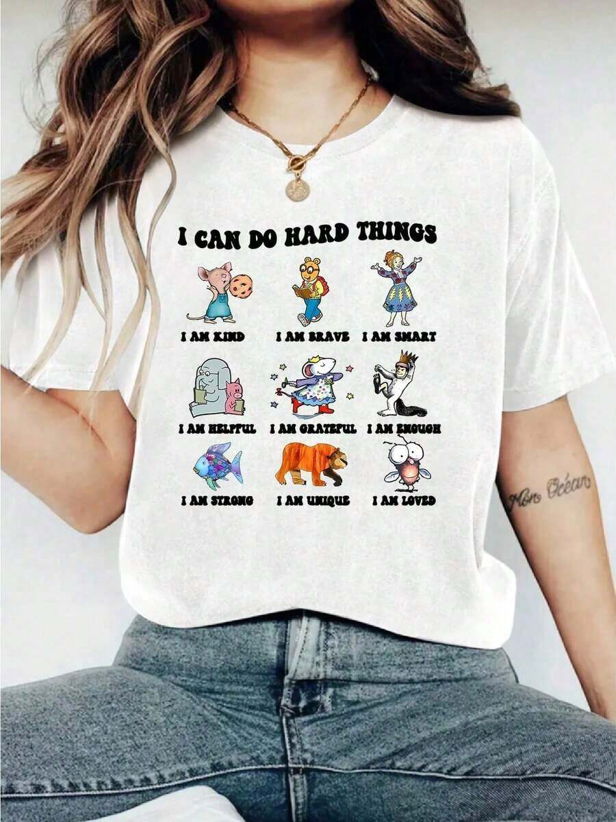 Top de verano estilo Y2K, camiseta suave 100% algodón puro, camiseta divertida y linda con estampado de la frase "I Can Do Hard Things": Camiseta de mujer con estampado de letras de dibujos animados de un libro infantil, adecuada para diversas ocasiones, como regalo para festivales, cumpleaños, festivales de música, casual y versátil, cómoda, para vacaciones en la playa, sencilla y a la moda, adecuada para el uso diario de mujeres y niñas. - Blanco - Ver 1