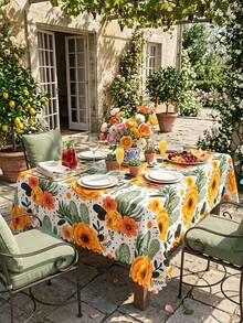 1pc Summer Floral Cactus Print Tablecloth Rectangular Table Cover Waterproof Polyester Fabric Tablecloth Boho Farmhouse Style Bright Orange Flower Green Cactus Pattern Table Cloth - Multicolor - View 15