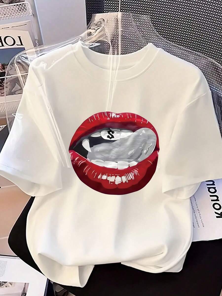 Women's Casual Summer T-Shirt With Bold Red Lips Print And Lettering - Silky Fiber Fabric, Short Sleeve, Round Neck, For Casual Wear, Women's T-Shirts Y2k - 白色 - 查看 1
