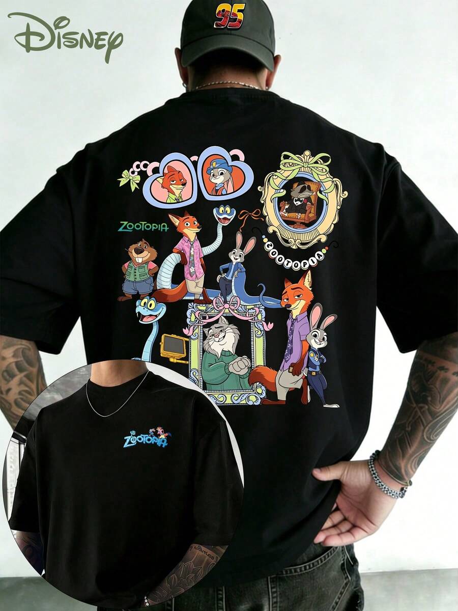 Disney Mad Animal City Retro T-Shirt, Mad Animal City Character Group - Double-Sided Printed Design, Disney Zootopia Fairy Tale Men's Summer Short-Sleeve Shirt, High-Quality 100% Cotton Short-Sleeve T-Shirt, Relaxed, Breathable, Casual Short-Sleeve Pack, Universal For Men And Women, Disneyland Travel Wear, Couple's Wear, Casual Everyday Wear, Street Wear, Vacation Wear, The Best Gift - màu đen - Xem 1