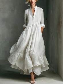 2026 Spring/Summer New European And American Elegant Women's Dress Series Crinkled Linen White Maxi Dress, Stand Collar 3/4 Sleeve Ruffle Hem Casual Dress With Pockets J7OV - Màu xanh lam - Xem 8