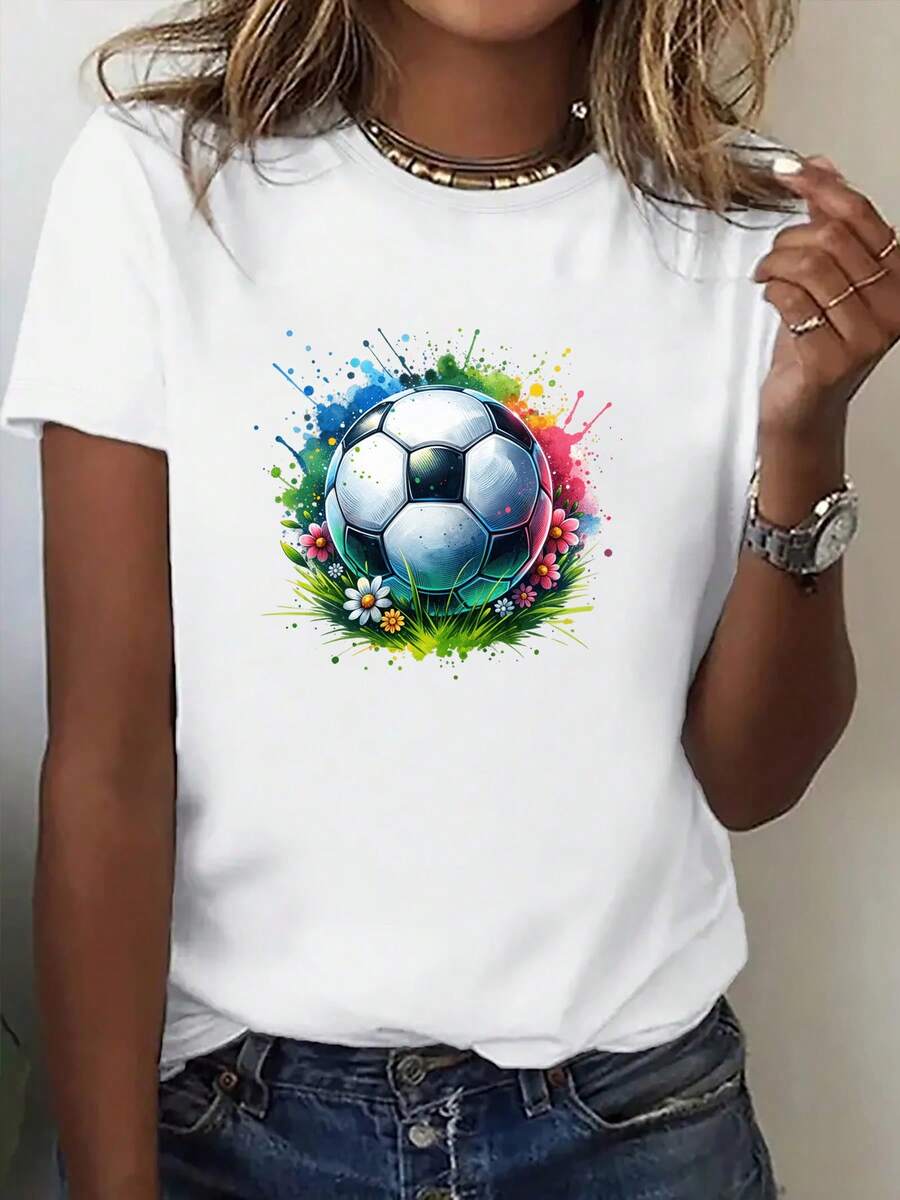 Women's Soft, 100% Cotton Crew Neck T-Shirt With A Printed Design. This Clothing Line Is Designed For The USA, Mexico, And Canada. The Energetic Crew Neck T-Shirt Features A Floral Print With A Soccer Theme And Is Lightweight And Breathable, Perfect For Watching Games. Ideal For Soccer Fans And Cheerleaders. This New Breathable Cotton T-Shirt Is Perfect For Spring/Summer, Goes With Everything, And Stays Cool. - 白色 - 查看 1