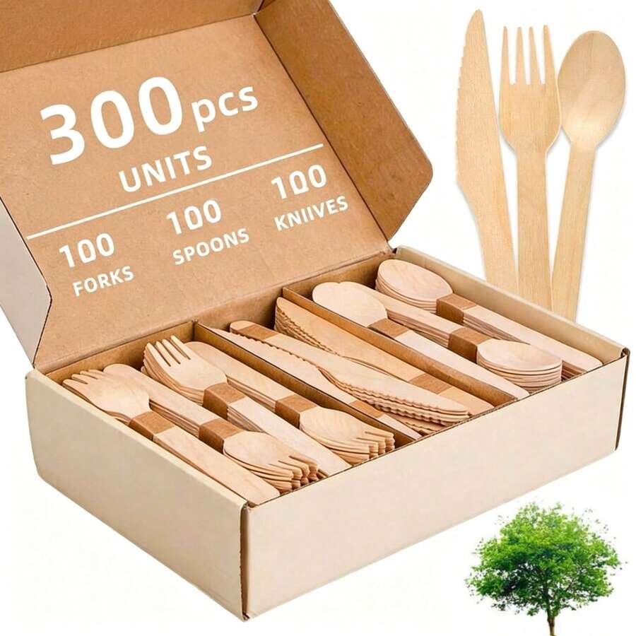 一次性木製餐具組 300/150/100/60件 一次性樺木餐具,16cm - 組內含 100/50/20 把刀、100/50/20 把叉、100/50/20 把匙。此餐具組適用於派對用品、聚會、野餐、節日和婚禮。 - 彩色 - 查看 1