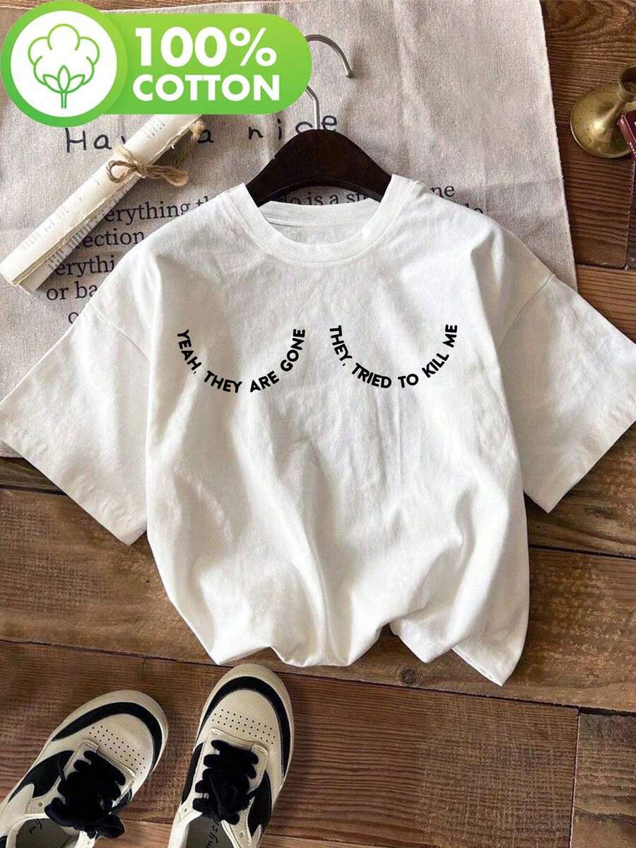 Breast Cancer Awareness Gifts: "Yes, They're Gone, They Tried To Kill Me" - Short Sleeve Crew Neck Printed T-Shirt, Casual Summer & Spring Top, Women's Clothing, Comfortable Cotton T-Shirt. - 白色 - 查看 1