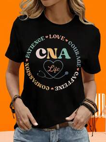Women's Short-Sleeved T-Shirt, Stethoscope Design, Heart, Patience, Love, Courage, Compassion, Caregiver, Nurse, For Leisure, Outdoor Activities, Holidays, Parties, Gift. - 黑色 - 查看 4