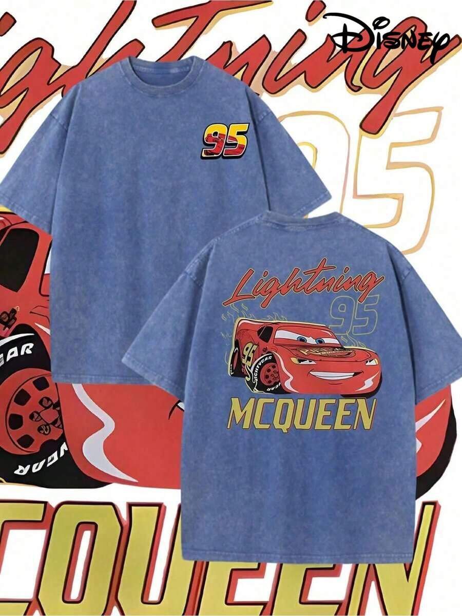 Disney Cars No. 95 Pattern, 100_ Pure Cotton Washed Vintage Round Neck Sweatshirt, Comfortable Round Neck T-Shirt, Suitable For Travel - Màu xanh lam - Xem 1