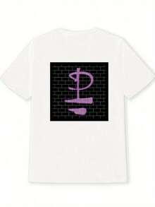 Women's White Short-Sleeved T-Shirt With Purple Abstract Symbol Graphic Print And Black Brick Wall, Loose Fit, Round Neck, Machine Washable, All-Season Top, Ladies' T-Shirts, Easy Care Fabric, Casual Style. - 白色 - 查看 3