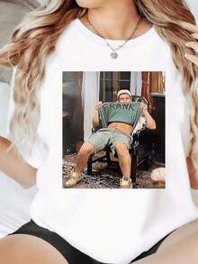 Women's 100% Cotton Casual T-Shirt, Urban Vintage Style, With Funny Movie Scene Digital Print, 220g, Round Neck, Loose Fit, Breathable - 白色 - 查看 1