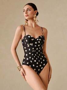 Swim Oasis Nuevo conjunto de 2 piezas de top corto y falda de estilo vacaciones en la playa, con un diseño de lunares blanco y negro, de tirantes finos y sujetador push-up con aros, de un solo traje de una pieza sexy y ceñido. - Blanco y Negro - Ver 5