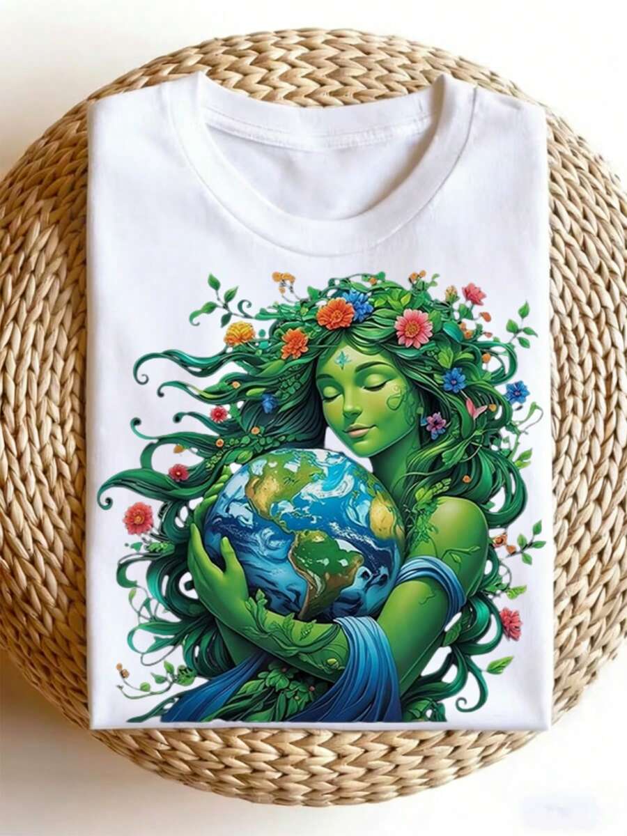 Camiseta de Mujer Estilo Urbano con Diseño Genial de la Madre Tierra Verde para el Día de la Tierra [Diseño Genial] Cuello Redondo Cómodo Manga Corta, Mismo Diseño para Hombre, Tallas Grandes - Blanco - Ver 1