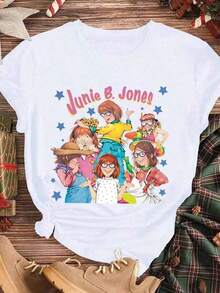 Blouses > Cute White T-Shirt With Character Print And Junie B. Jones Text, Casual Summer Clothing For Women And Girls, Spring And Summer Season 100% Cotton Casual Blouses For Women - 白色的 - 查看 3