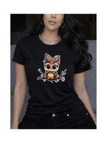 Playera Casual Mujer Estampado Búho Moño Animal Print Manga Corta Cuello Redondo Estilo Kawaii Chic Juvenil Tierna Dulce - Negro - Ver 4