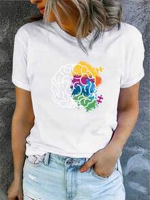 Camiseta de manga corta con cuello redondo suelto impresa de rompecabezas para mujeres de verano de primavera - Blanco - Ver 7