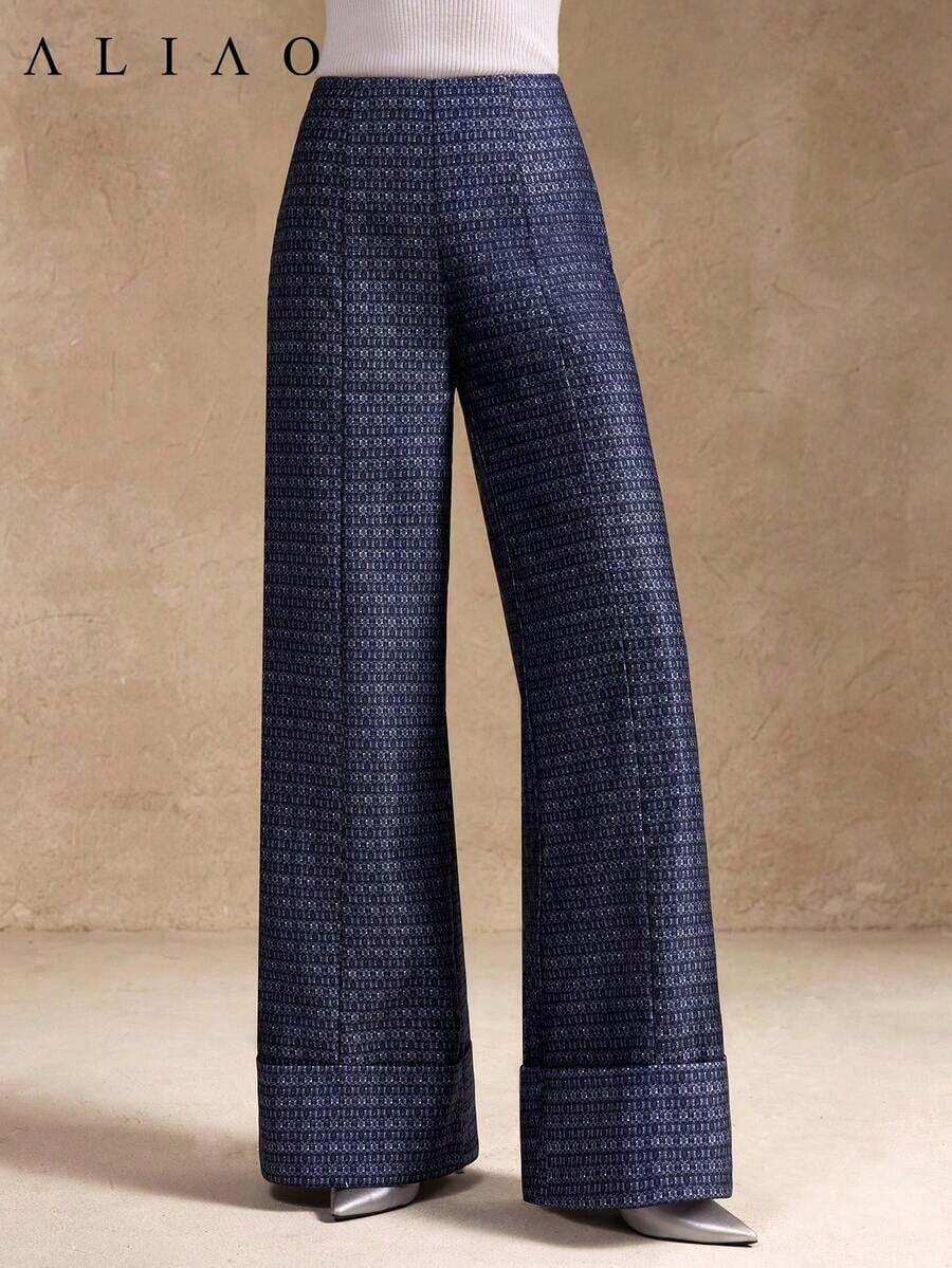 Pantalones anchos de pierna ancha de estilo palaciego bohemio vintage, de alta gama, de jacquard azul marino lavado, para mujer, adecuados para volver a la escuela, Año Nuevo, fiestas, uso diario y vacaciones - Azul marino - Ver 1