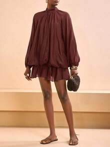 Nuevo vestido mini elegante y glamoroso para mujer con mangas largas de farol, plisado, multicapa y volantes, en color marrón, adecuado para Navidad, Año Nuevo, viajes diarios, festivales, compras, viajes, brunch, ropa de aeropuerto, fiestas, citas, regreso a la escuela, casual, reuniones anuales - Burdeos - Ver 1