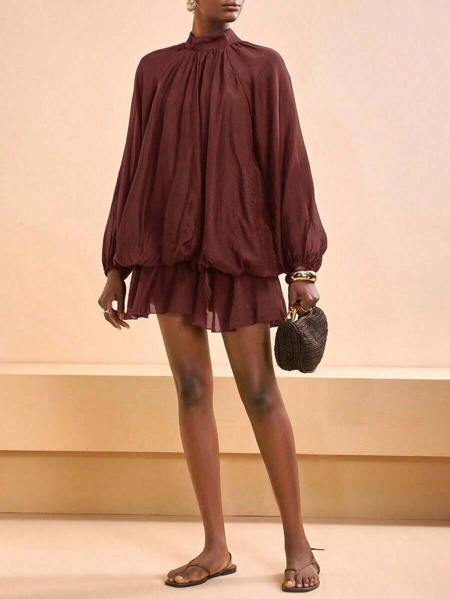 Nuevo vestido mini elegante y glamoroso para mujer con mangas largas de farol, plisado, multicapa y volantes, en color marrón, adecuado para Navidad, Año Nuevo, viajes diarios, festivales, compras, viajes, brunch, ropa de aeropuerto, fiestas, citas, regreso a la escuela, casual, reuniones anuales - Burdeos - Ver 1