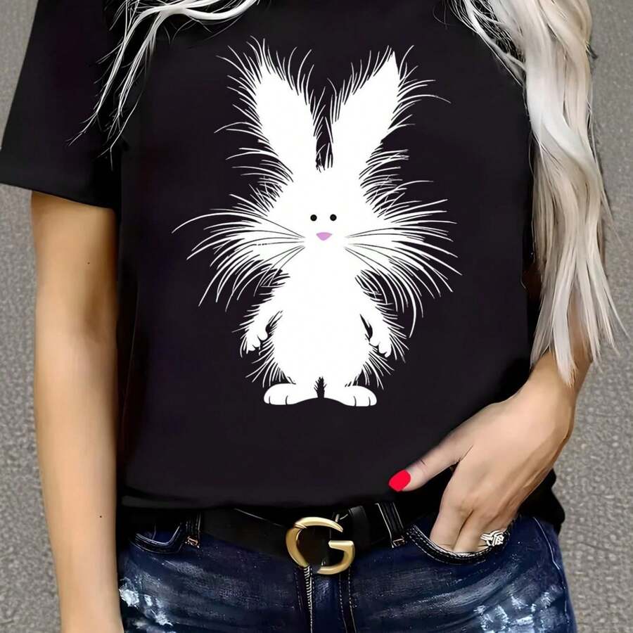 Casual Summer T-Shirt Fclothes Women With Cute White Rabbit And Flowers Clothes - Soft Round Neck, Shclothest Sleeve, Lightweight And Breathable Fabri - 黑色 - 查看 1