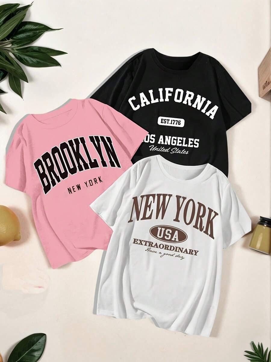 Plus Size Women's Short Sleeve Top With Round Neck And Solid Color Letter Print. - أبيض - مشاهدة 1
