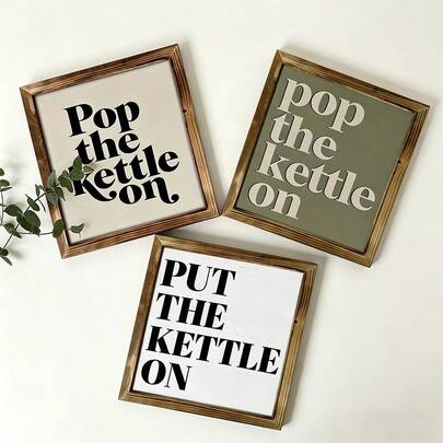 1/2pcs "Pop The Kettle On" Vintage Wooden Wall Art Sign - 20x20cm Artificial Wood Coffee Shop & Bar Decor, Tea Lover Gift For Men & Women, Home Kitchen Dining Room Decoration, Country Style Bar Accessories, Carefully Crafted Retro Decor