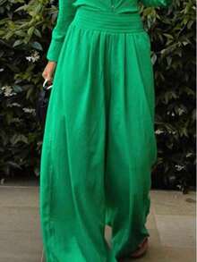 Conjunto de camisa de manga larga y pantalones de unicolor casual para mujer, conjunto de top y pantalones verdes, adecuado para ir al trabajo, vacaciones en primavera/verano - Verde - Ver 3