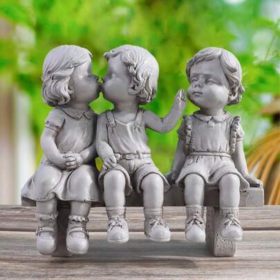 Sculpture "Three Children Sitting On One Chair", Creative Resin Art Piece, Home, Garden And Yard Decor