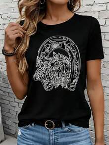 Women's Short-Sleeved T-Shirts In Black And White Are Suitable For Everyday Wear, Lounging At Home, And Outdoor Activities. This White T-Shirt Features A Horse And Horseshoe Design And Is A , Casual Graphic Tee, Making It An Ideal Gift For Parties Or Holidays. - 黑色 - 查看 7