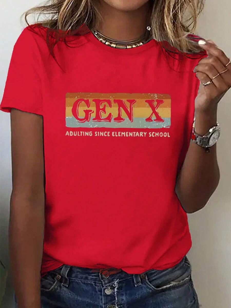 Plus Size - Plus Size - A Vintage-Style Women's T-Shirt With Colorful Striped Patterns And The Texts 'GEN X' And 'ADULTING SINCE ELEMENTARY', Designed In Plus Sizes With A Round Neck. - Red - View 1