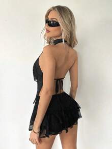 ICON Conjunto sexy de Top corta con anudar al frente y falda mini con abertura alta, de un solo color, para mujer - Negro - Ver 2