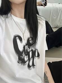 Women's Y2K Style White T-Shirt - Short Sleeve Loose Fit With Bold Letter Print, Casual Summer Top, Ladies' T-Shirts - 白色 - 查看 5