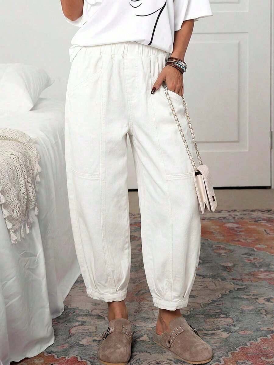 Pantalones vaqueros casuales de mujer con cintura con cordón y lavado vintage, pantalones casuales de mujer, pantalones de verano de mujer con cintura elástica, pantalones de mujer con bolsillos, pantalones caqui de mujer - Blanco - Ver 1
