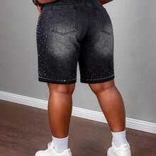 Plus Size Women's Fashionable Washed Rhinestone Denim Shorts, Summer - Multicolor - Ver 3