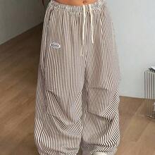 Women's Plus Size Summer Going Out Outfit Casual Streetwear Mid Rise Wide Leg Elastic Waistband  Letter Graphic Drawstring Waist Pocket Striped Pleated Pants Oversized Inclusive Sizing Pant - Azul y blanco - Ver 8