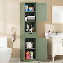 Tall Bathroom Storage Cabinet With Freestanding Adjustable Shelves, Narrow Storage Linen Cabinet With 2 Doors And 1 Drawer For Bathroom, Living Room, Kitchen Green - 綠色 - 查看 1