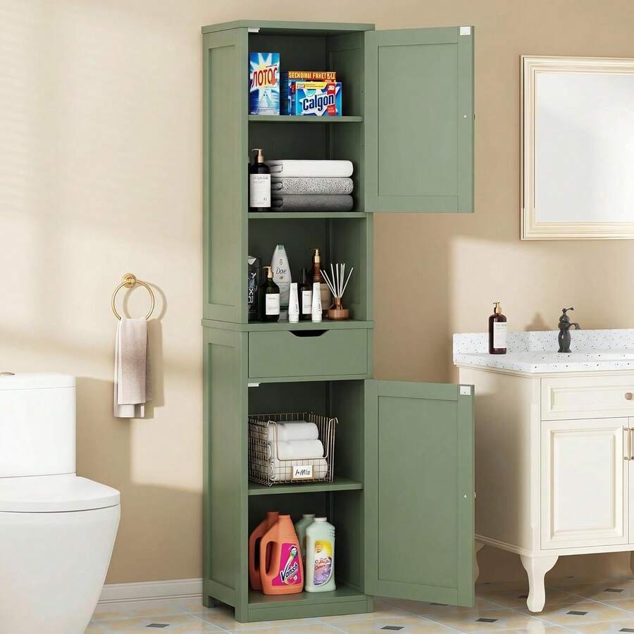 Tall Bathroom Storage Cabinet With Freestanding Adjustable Shelves, Narrow Storage Linen Cabinet With 2 Doors And 1 Drawer For Bathroom, Living Room, Kitchen Green - 綠色 - 查看 1