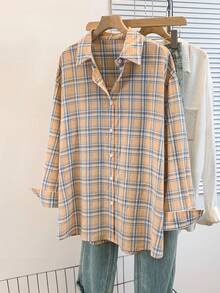 Áo sơ mi nữ dài tay kẻ caro xanh dương, chất liệu polyester, kiểu dáng thường ngày. - trái cam - Xem 2