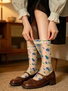 3 Paar Sommer Blumen Spitzen Socken, Damen dünne transparente Glasseide Strümpfe, süße Wadenwärmer in Knielänge - Verschiedenfarbig - Übersicht 5