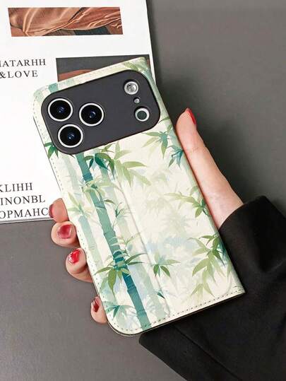 1件装优雅水墨竹叶纹理全包覆经典防摔高品质桑蚕丝质感PU皮革翻盖手机壳，带可折叠支架，方便观看电视/视频，设有卡槽，适用于 17/ 17 Air/ 17 Pro/ 17 Pro Max/ 16/ 16 Plus/ 16 Pro/ 16 Pro Max/ 15/ 15 Plus/ 15 Pro/13/14/12/11，是送给朋友、家人、情侣、生日、节日的绝佳礼物。