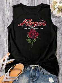 1 pieza de camiseta sin mangas Poison con diseño de rosas y cada rosa tiene su espina, camiseta sin mangas para mujer, suave y transpirable, perfecta para uso diario, actividades al aire libre, viajes y estilo casual, ajuste cómodo para todo el día. 180g 100% algodón, los diseños están completamente impresos. Unisexo. - Negro - Ver 6