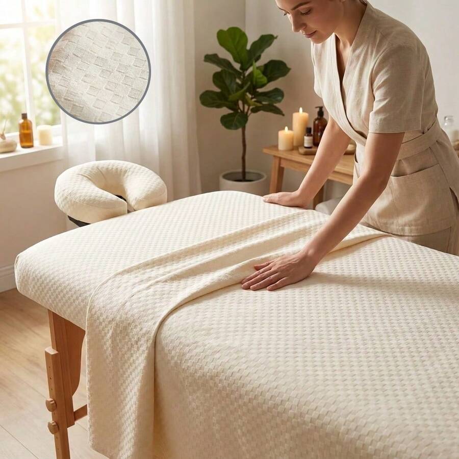 Bộ khăn trải bàn massage cao cấp 3 món - Ga trải giường phẳng cỡ lớn (250x152cm), Ga trải giường có chun sâu (196x90cm) & Khăn phủ đầu - Bộ đồ dùng SPA siêu mềm, dập nổi. - Màu be - Xem 1