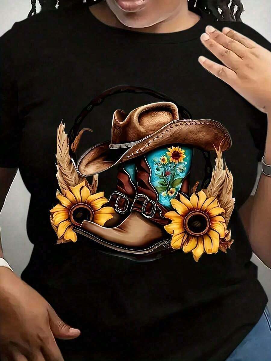 1 pieza de camiseta de talla grande para mujer con estampado vibrante de girasoles y mezclilla - Camiseta de manga corta con cuello redondo, lavable a máquina, top casual para primavera y verano, camiseta con diseño gráfico de temática occidental y diseño geométrico, ropa casual estilo mezclilla - 180g 100% algodón. - Negro - Ver 1